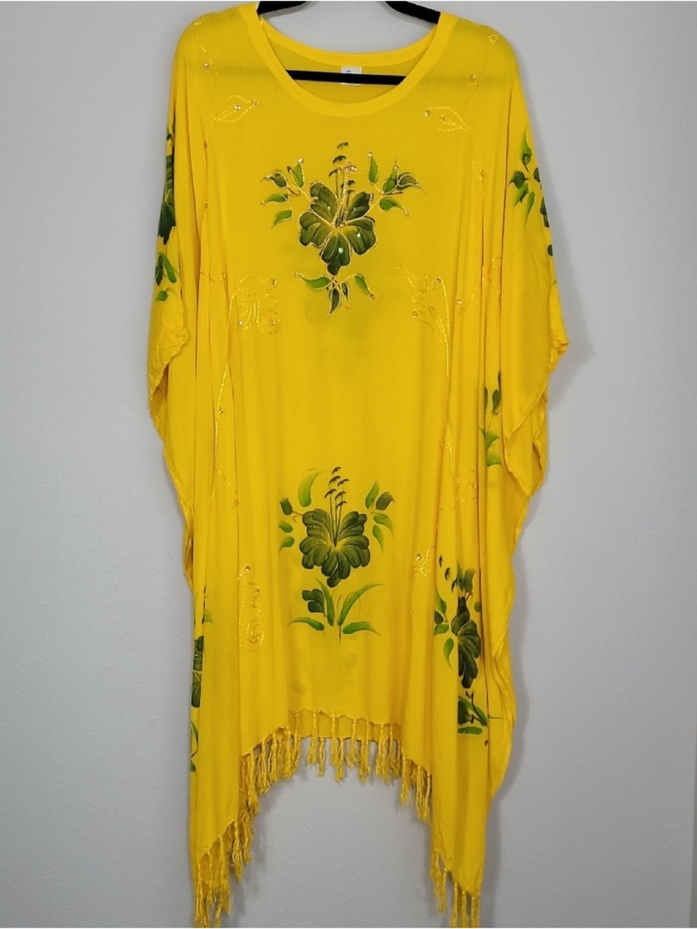 Island Planet Embroidered Kimono Poncho OS Yellow Tassel Boho Beach Coverup
